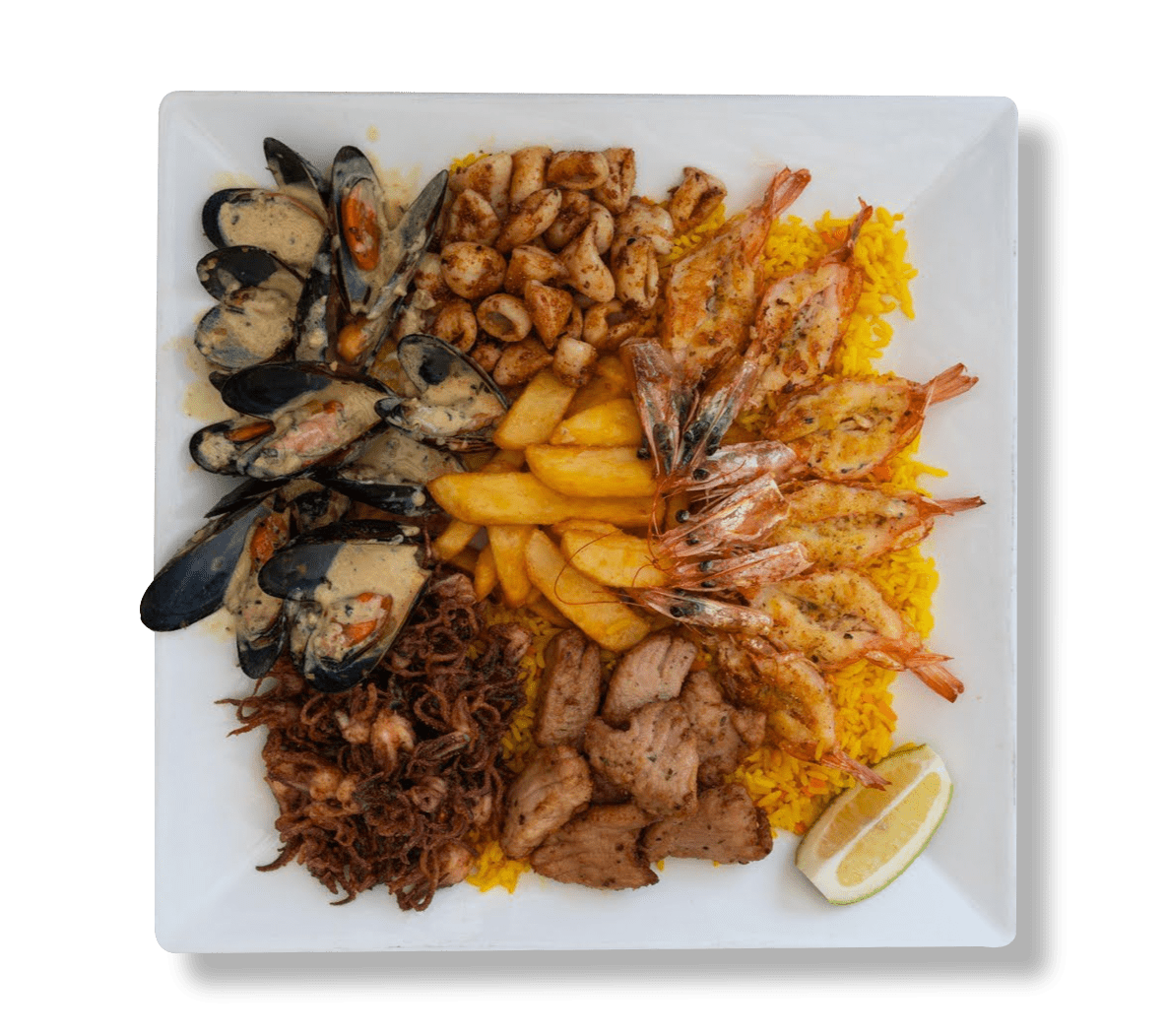 Seafood platter with calamari, prawns, mussels, chips and yellow rice.